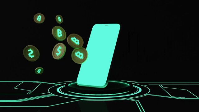 digital currency gold coin and mobile phone on display sticks with hidden lights illuminated on a digital background with glow from the ground and stock chart in the back. 3d render animation looped
