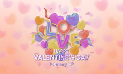 Valentine's day greeting card with colorful heart Shaped Balloons in pastel blurred background