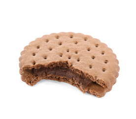 Bitten tasty chocolate sandwich cookie with cream isolated on white