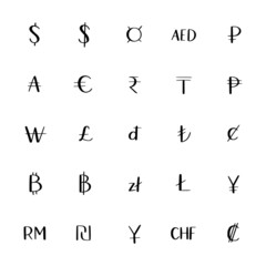 Currency symbols set. 25 main world currencies. Doodle icons