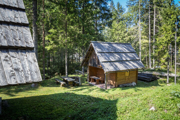 Small wooden shed, a slovenian chalet made of wood, in the middle of a small mountain glade in the...