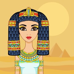 Animation Egyptian princess in ancient clothes and wig, gold jewelry. Queen, goddess, princess.  Vector illustration. Background - desert landscape, pyramids.