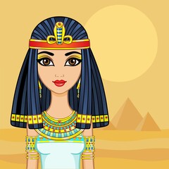 Animation Egyptian princess in ancient clothes and wig, gold jewelry. Queen, goddess, princess. Vector illustration. Background - desert landscape, pyramids.