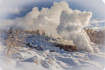 Early morning light on the steam from Steamboat Geyser in the Norris Geyser Basin of Yellowstone National Park