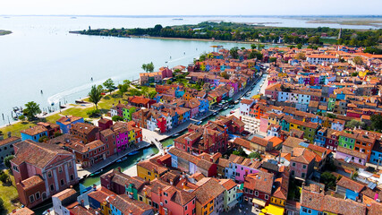 Fototapeta premium Aerial View of Burano Island's Colorful Buildings in Venice
