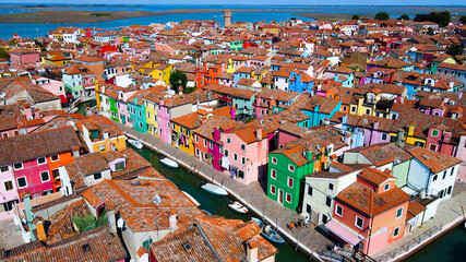 Aerial View of Burano Island's Colorful Buildings in Venice