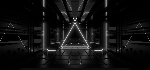 A dark tunnel lit by white neon lights. Reflections on the floor and walls. 3d rendering image.