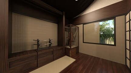 Samurai house exterior and interior 3d illustration