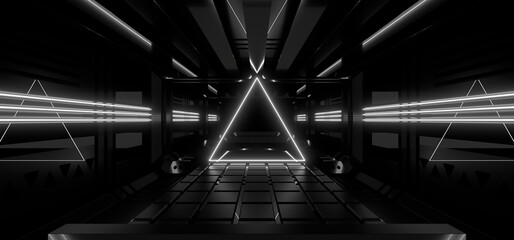 A dark tunnel lit by white neon lights. Reflections on the floor and walls. 3d rendering image.