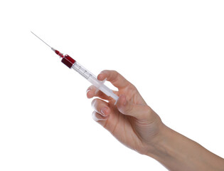 Woman holding syringe with blood on white background, closeup