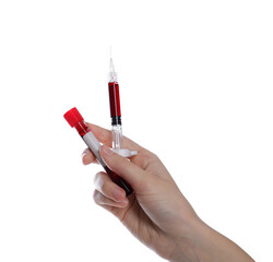 Woman holding syringe and sample tube with blood on white background, closeup