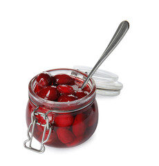 Delicious dogwood jam with berries and spoon in glass jar isolated on white