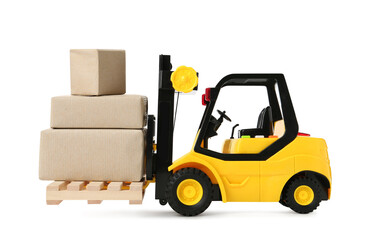 Toy forklift with wooden pallet and boxes on white background
