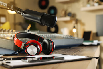 Fototapeta na wymiar Professional audio equipment in modern radio studio
