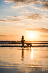 Silhouette of a woman and a dog on a beach in Costa Rica during sunset. 
