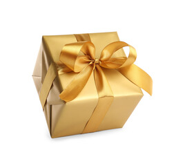 Gift box with golden ribbon and bow on white background