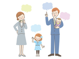 笑顔のスーツ姿の男女と子供達