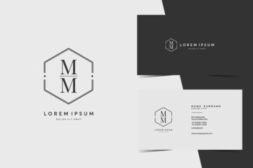 simple hexagon MM monogram logo icon. Modern elegant minimalist design with professional business card template