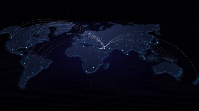 Global connectivity from Riyadh to other major cities around the world. Technology, network connection, trading, and traveling concept. World map element furnished by NASA