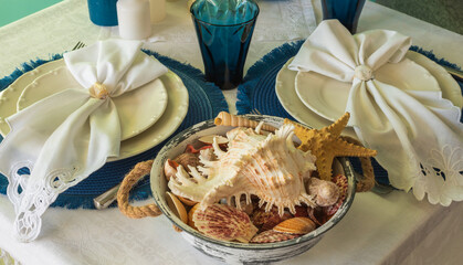 Marine style in the interior, table setting in a sea style