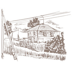 Rural house with a fence sketch. Provincial rustic view of a house with an electric pole and wires