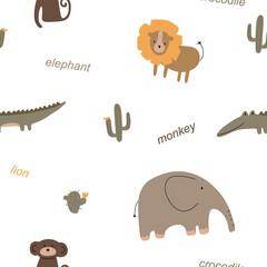 Vector seamless pattern with African animals and their names. Trendy tropical design for textile