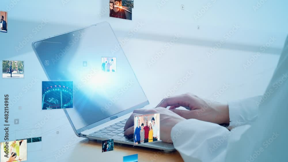 Poster woman watching videos with a laptop pc. visual contents concept. social networking service. streamin