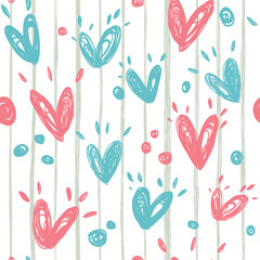 Seamless pattern in the concept of children's drawings. Background with hearts in pastel colors. Great for Baby, Valentine's Day, Mother's Day, wedding, scrapbook, surface textures.