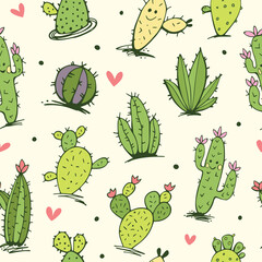 Seamless background with cute cactus and hearts.
