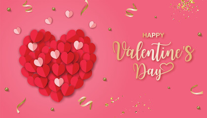 Happy Valentine's Day banner. Red paper hearts with gold elements. Vector Illustration
