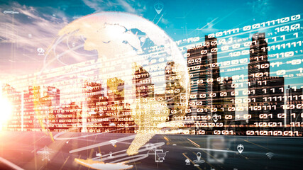 Smart transportation in tacit futuristic city with online traffic control system . Concept of smart digital transformation and technology disruption that changes global trends in new information era .