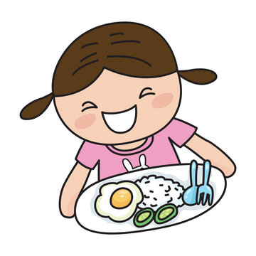 Little cute girl holding dish of rice and fried egg, illustrator vector cartoon drawing
