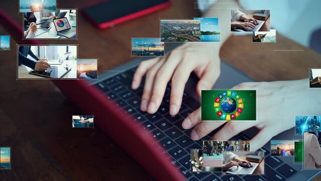 Woman watching videos with a laptop PC. Visual contents concept. Social networking service. Streaming video. communication network.