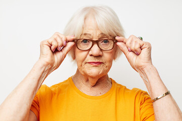 Photo of retired old lady health lifestyle eyeglasses treatment close-up
