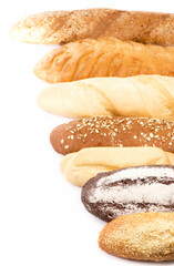 Fresh baked traditional bread. Fresh bread assortment on the white background