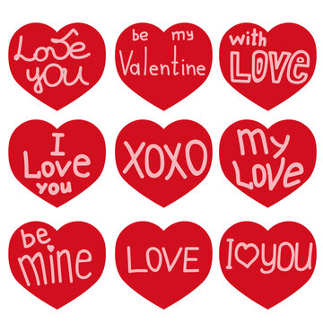 Fototapeta Set of red hearts with various inscriptions in pink for Valentines Day