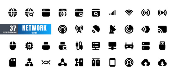 24x24 Pixel Perfect. Network and Connection Essential Set. Solid Glyph Icons. For App, Web, Print. Round Cap and Round Corner. Ready to use and Easy to Customize.