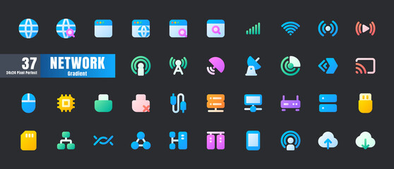 24x24 Pixel Perfect. Network and Connection Essential Set. Flat Gradient Color. For App, Web, Print. Round Cap and Round Corner. Ready to use and Easy to Customize.
