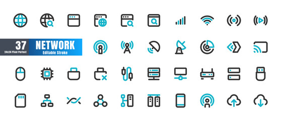 24x24 Pixel Perfect. Network and Connection Essential Set. Line Outline Icons. For App, Web, Print. Round Cap and Round Corner. Ready to use and Easy to Customize. Editable Stroke