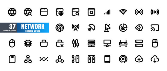 24x24 Pixel Perfect. Network and Connection Essential Set. Line Outline Icons. For App, Web, Print. Round Cap and Round Corner. Ready to use and Easy to Customize. Editable Stroke