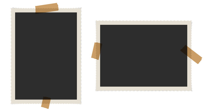Old photo frames with tape template. Retro 3D snapshot with white frame and sticky tape. 3D realistic vector illustration.