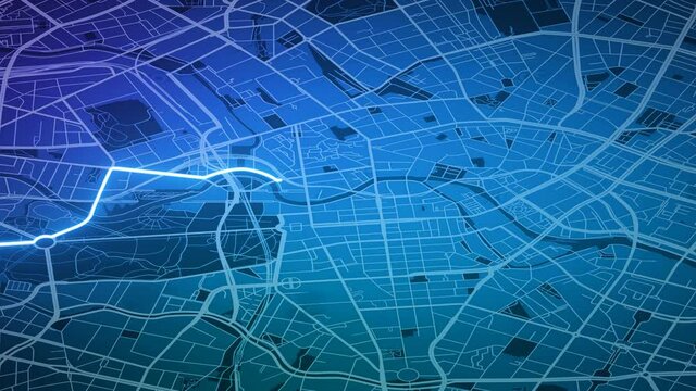 Video animation virtual tour on geolocation map and location with GPS aerial top view with point marking on the map tracking