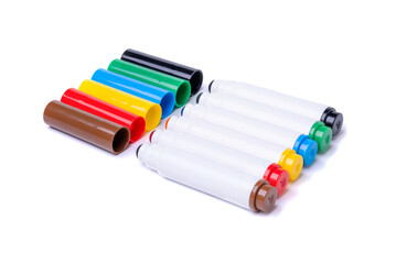 Six colored markers isolated on a white background