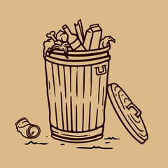 Illustration of a trash can in vintage style