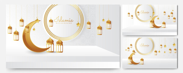 Elegant golden lantern arabic white gold Islamic design background