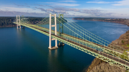 Aerial view of the Tacoma Narrows Bridge in Washington State