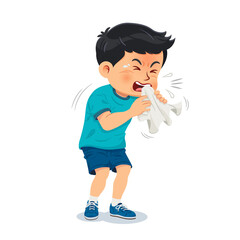 Sick child. A coughing boy holds a handkerchief in his hand. Vector illustration