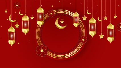 golden lantern arabic red gold Islamic design background. Universal ramadan kareem banner background with lantern, moon, islamic pattern, mosque and abstract luxury islamic elements