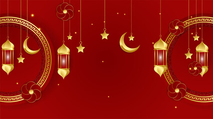 golden lantern arabic red gold Islamic design background. Universal ramadan kareem banner background with lantern, moon, islamic pattern, mosque and abstract luxury islamic elements