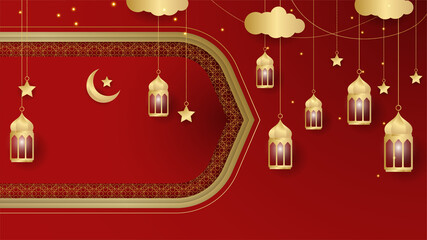 golden lantern arabic red gold Islamic design background. Universal ramadan kareem banner background with lantern, moon, islamic pattern, mosque and abstract luxury islamic elements